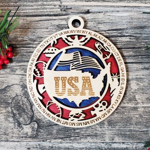 United States Christmas Ornament, Wooden USA Ornament, Patriotic Ornament, Hometown Gift, USA Pride