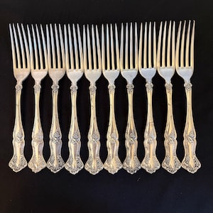 May include: A set of ten silver-toned metal forks arranged in a row. Each fork features a long handle with a decorative embossed pattern of grape clusters and vine leaves at the base and neck, and four slender tines at the top of the utensil.