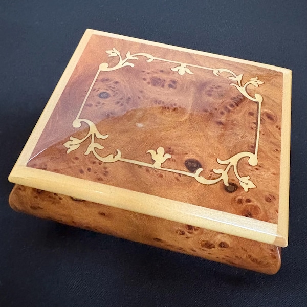 Vintage Italian Burl Wood Music/Presentation Box Floral Inlay Plays "I Believe I can Fly"