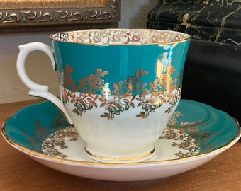 Vintage Crown Staffordshire Teal Gold Tasse à thé soucoupe Floral Bone China Angleterre