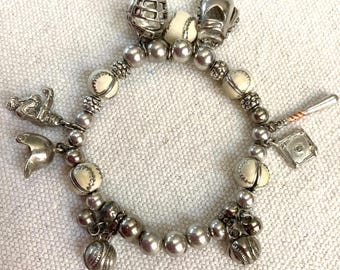 Bracelet vintage à breloques softball avec cordon extensible plaqué argent, cadeau