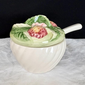 Strawberry Jam Pot, Vintage Portuguese Pottery with Lid and Ceramic Spoon