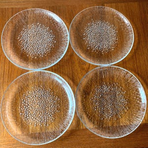 May include: Four clear glass plates with a textured, radial design. Each plate features a central cluster of small, raised dots, creating a unique visual texture. The plates are arranged on a wooden surface, showcasing their transparency.