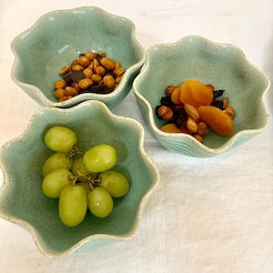 May include: Three turquoise ceramic bowls with a scalloped edge, each filled with different snacks. One bowl holds green grapes, another has nuts and dried apricots, and the third contains nuts and chocolate chips. The bowls are arranged on a white surface.