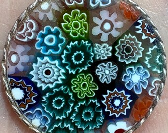 Pendentif vintage en verre Millefiori, corde, lunette, mosaïque florale, chaîne en argent sterling