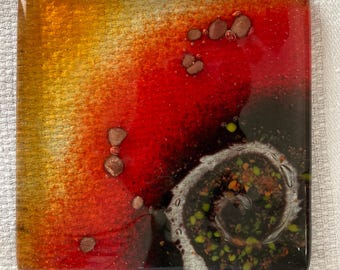 Dessous de verre Art abstrait (une pièce) carreau Carré en verre fusionné rouge ambre noir