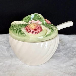 Vintage Portuguese Strawberry Jam Pot with Lid and Ceramic Spoon