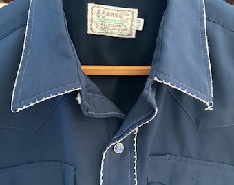 Vintage H Bar C Western Shirt Navy Pearl Snap Ranchwear Cowboycore USA Made