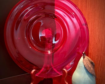 Hand Blown Cranberry Red Art Glass Platter Organic Studio Glass