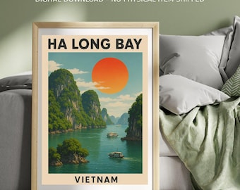 Ha Long Bay Printable Art, Vietnam Travel Digital Download, Retro Coastal Print, Mid Century Modern Wall Decor, Instant Download File