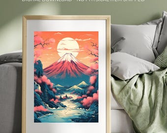 Mount Fuji Digital Art, Japanese Landscape Print, Sunset Sakura Scene, Retro Japan Poster, Asian Wall Decor, Instant Download File