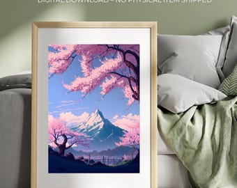 Japanese Cherry Blossom Art, Mount Fuji Printable Poster, Sakura Tree Digital Download, Pink Landscape Wall Art, Instant Download File