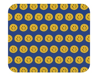 Yellow Smiley Face Pattern Mouse Pad | Happy Emoji Desk Mat, Blue Background