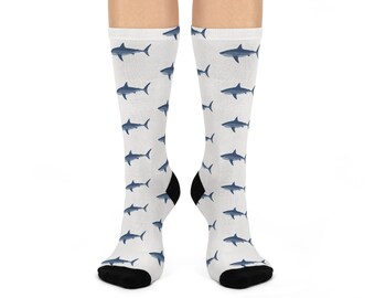 Blue Shark Pattern Cushioned Crew Socks | Nautical Marine Animal Print