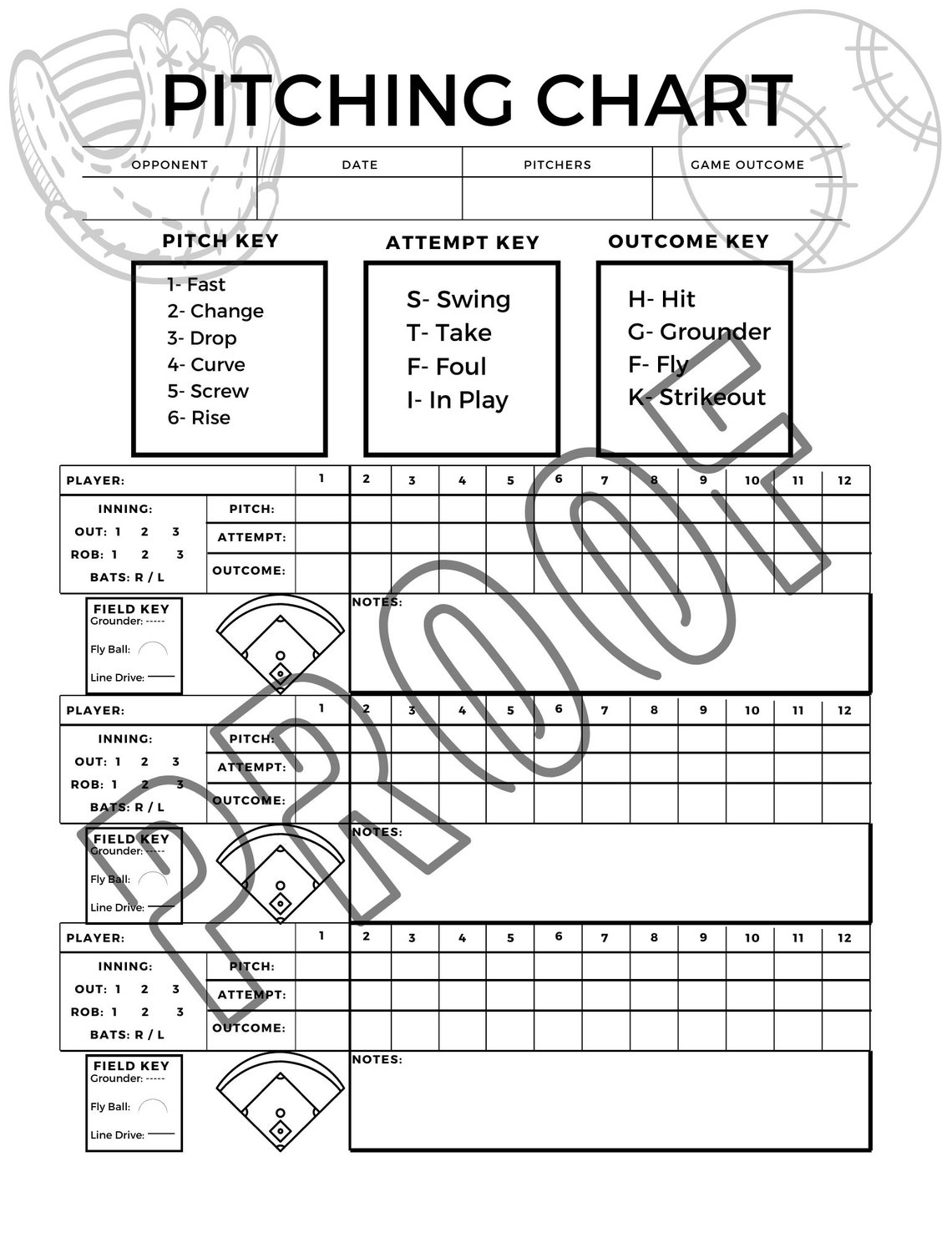 Pitching Chart for Softball/ Baseball, Baseball Pitching Charts