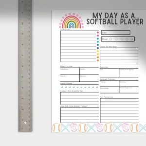 May include: A printable daily planner for softball players. The planner includes sections for to-do lists, meal tracking, exercise, softball tracking, and gratitude. The planner is decorated with a rainbow and baseballs.