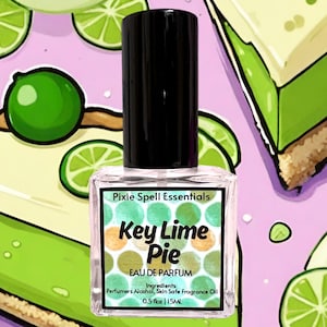 May include: A perfume bottle with a black cap, labelled "Key Lime Pie EAU DE PARFUM" with green and orange polka dots. The background features lime slices and key lime pie. The bottle contains 15ml. The image has a lime and pie theme.