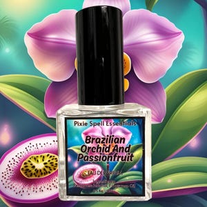 May include: A clear glass bottle with a black cap and a label that reads "Pixie Spell Essentials Brazilian Orchid And Passionfruit Eau de Parfum Passionfruit Essential Fragrance Oil 1/2 oz for 1/2 oz". The bottle is surrounded by a purple orchid, a passionfruit, and green leaves.