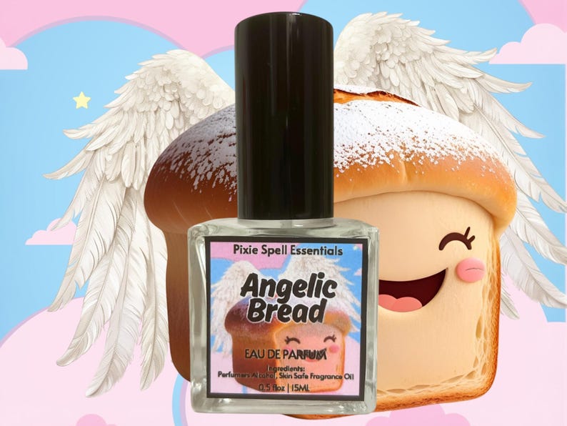 May include: A perfume bottle with a black cap and a label that reads "Angelic Bread" with a cartoon bread illustration. The background features cartoon bread with angel wings and a blue and pink sky. The bottle contains 0.5 fl oz / 15ml of perfume.
