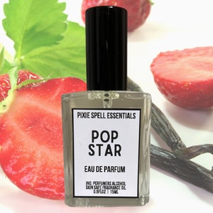 Pop Star Fragrance.  Strawberry Scent, Sugary Sweet, Soft Violet, Vanilla, Candy. Eau de Parfum Spray, Roll-On Perfume Oil.