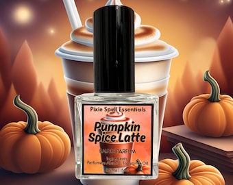 May include: A clear glass perfume bottle with a black cap and a rectangular label. The label reads Pixie Spell Essentials, Pumpkin Spice Latte, Eau de Parfum, Ingredients: Perfumer's Alcohol, Fragrance Oil, and 0.5 fl oz | 15 ml.