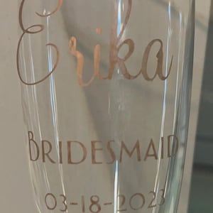 Personalized etched champagne, wine, or water glasses. Wedding party/ Bridal party etched glasses
