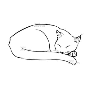 May include: A black and white line drawing of a cat sleeping curled up on its side.