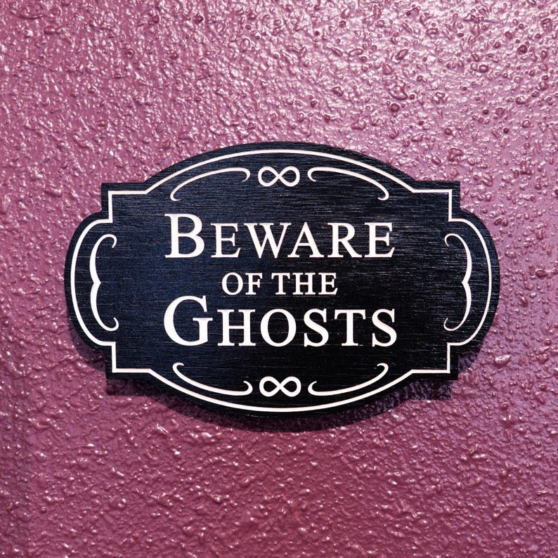 May include: A black wooden sign with white lettering that reads "Beware of the Ghosts". The sign has an ornate border with an infinity symbol at the top and bottom.