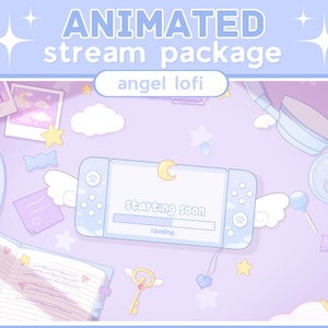 ANIMADO Pastel Roxo Azul Anjo Nuvem Sonhadora Lofi Mesa Twitch Sobreposições Cenas Painéis Alertboxes Pacote de Transmissão