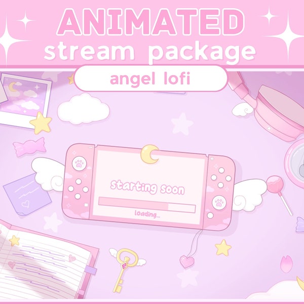 ANIMADO Pastel Púrpura Rosa Ángel Nube de ensueño Lofi Escritorio Twitch Superposiciones Escenas Paneles Alertboxes Paquete de transmisión