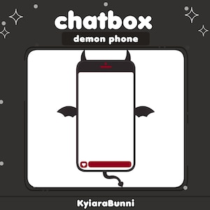May include: A black smartphone with red devil horns and wings. The phone has a white screen and a red heart icon in the bottom left corner. The text "chatbox demon phone" is above the phone and the text "KyiaRaBunni" is below the phone.