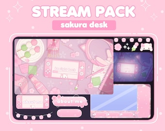GEANIMEERD Pastel Sakura Cherry Blossom Kitty Lofi Desk Esthetisch Twitch Stream Scènes Overlays Schermen Panelen Stream-pakketten Vtubers