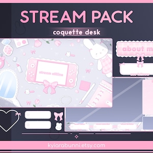 May include: A digital stream pack with a coquette desk theme. The design features a pink and white color scheme with a bunny, bows, and hearts. Includes overlay elements like a stream offline screen, about me section, and a chat box.