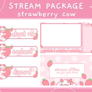ANIMATED Strawberry Cow Twitch Package Overlays Panels Scenes