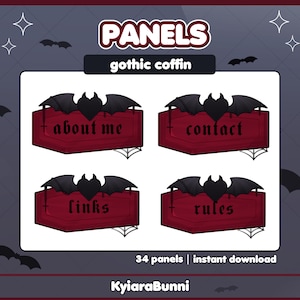May include: Four red coffin-shaped panels with black bat wings and text. The panels say "about me", "contact", "links", and "rules". The image has a dark gray background with bats and stars.
