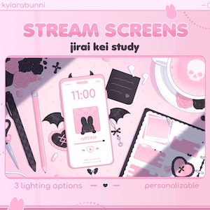 May include: A digital illustration of a desk setup featuring a smartphone displaying 11:00 and a black rabbit icon, a planner with pink sticky notes, a black pen, a pink pencil, and a cup of pink liquid with a skull design on a light pink surface.