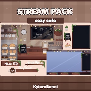 May include: A digital stream pack with a cozy cafe theme. The design includes a cafe counter, menu boards, and a chat box. The text includes "STREAM PACK", "cozy cafe", "About Me", and "New follower".