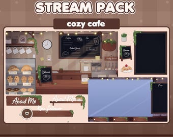 Paquete de transmisión de cafetería acogedora animada, fondo de Vtuber, recursos de panadería cottagecore para streamers