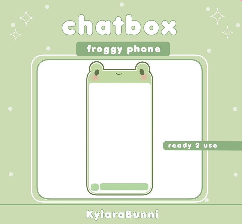 May include: A light green digital illustration of a smartphone with a frog design. The phone has a white screen and frog-like ears and cheeks. Text includes "chatbox", "froggy phone", and "ready 2 use".