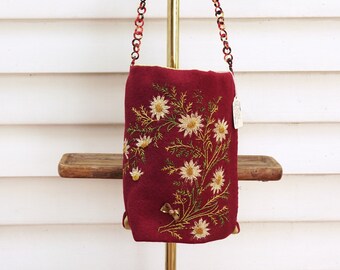 Vintage 50s Victorian Red Gold Floral Embroidered Handmade Shoulder Bag