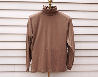 Vintage 90s Brown Neutral Lettuce Edge Hem Turtleneck