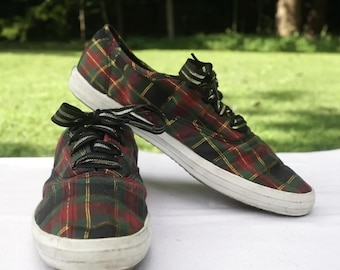 Tênis Keds vintage dos anos 90, xadrez vermelho e verde de Natal.