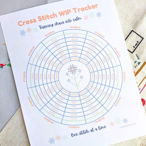 May include: A white paper cross stitch WIP tracker with a circular design. The tracker has concentric rings with percentages and the words "FFO" and "Kitted". The text "Cross Stitch WIP Tracker" and "Turning chaos into calm" are at the top. A floral design is in the center.