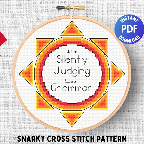 I'm silently judging your grammar, Snarky modern cross stitch pattern, Nerdy humor, Funny x stitch quote, Counted cross stitch chart PDF