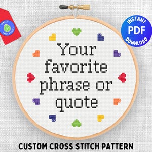 Custom Cross Stitch Pattern, Choose Your Own Text, DIY Gift for Mom, Easy Rainbow Heart Border, Personalized Teacher Gift