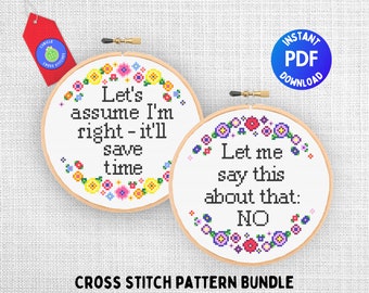 Snarky kruissteekpatroonbundel: Set van 2 moderne getelde kruissteekdiagrammen met brutale citaten, Subversieve xstitch, DIY collega cadeau