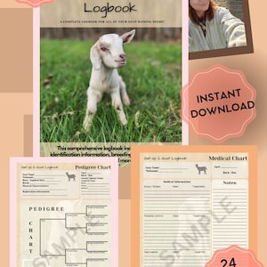 Ziegen-Aufzeichnungs-Logbuch, 24 Seiten Sofort-Download, Ziegen-Profile, medizinische Informationen, Zucht, Rekord-Organizer-Bauern, Kalender verwalten