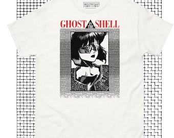 May include: White t-shirt with a black and white illustration of a woman wearing sunglasses. The text "Ghost in the Shell" is printed in red above the illustration.