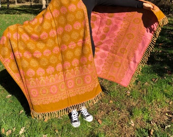 Paisley Floral Print Ethnic Reversible Blanket/Shawl/Scarf Himalayan Handmade Yak Wool, High Quality Gift