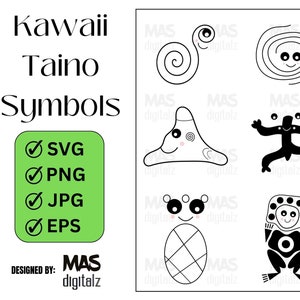 May include: Kawaii Taino Symbols, a set of nine black and white illustrations of traditional Taino symbols with cute cartoon faces. The symbols include a spiral, a crescent moon, a sun, a frog, a bird, a turtle, a fish, a human figure, and a shell. The illustrations are designed for use in digital projects such as crafts, scrapbooking, and digital art.